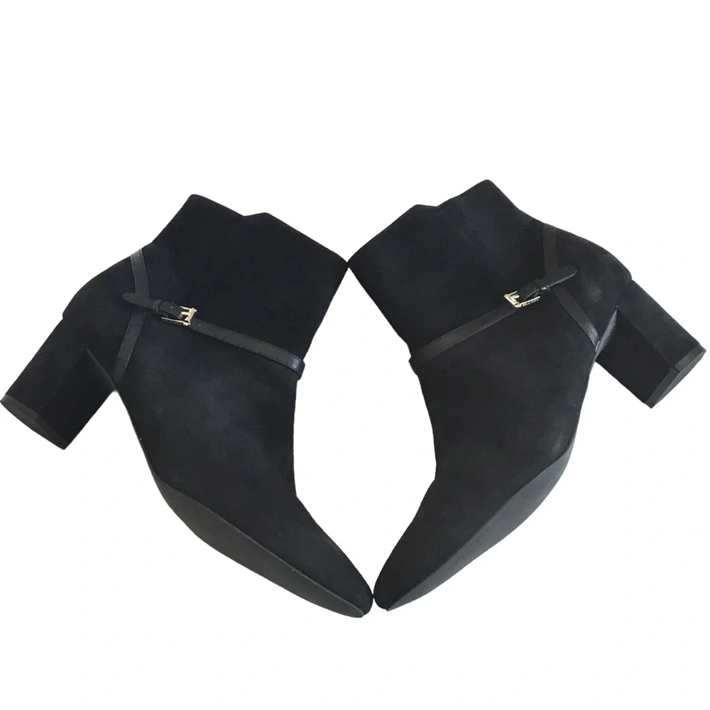 Cole Haan SYLVAN Black Suede Block Heel Buckle Straps Classic Ankle Boot Sz 9.5